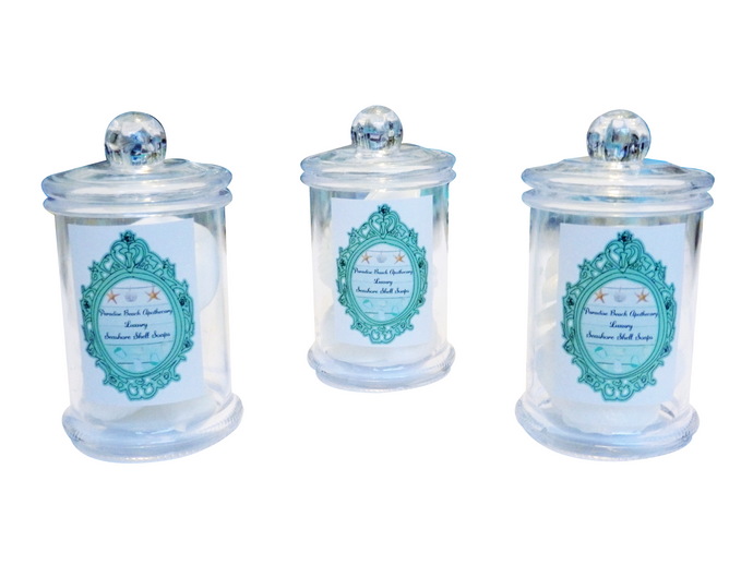 SEASHORE SHELL SOAPS APOTHECARY JAR SET OF 2-FREE SHELL JEWELRY CHARM