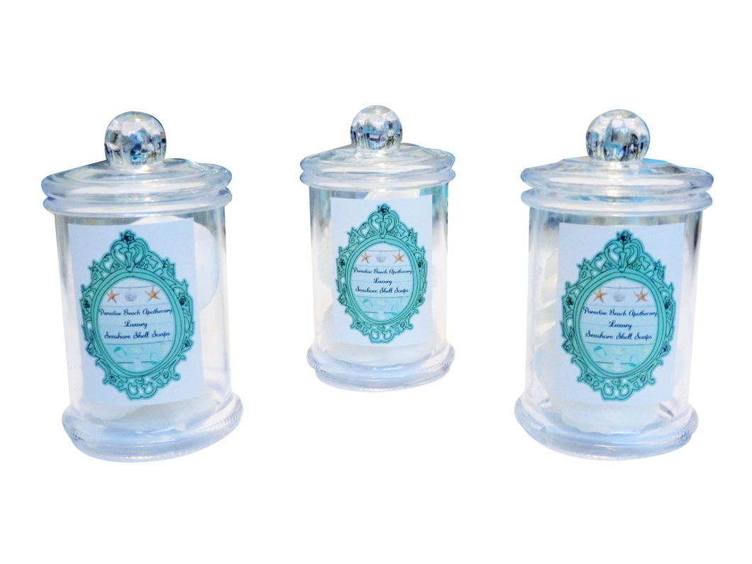 SEASHORE SHELL SOAPS APOTHECARY JAR SET OF 2-FREE SHELL JEWELRY CHARM